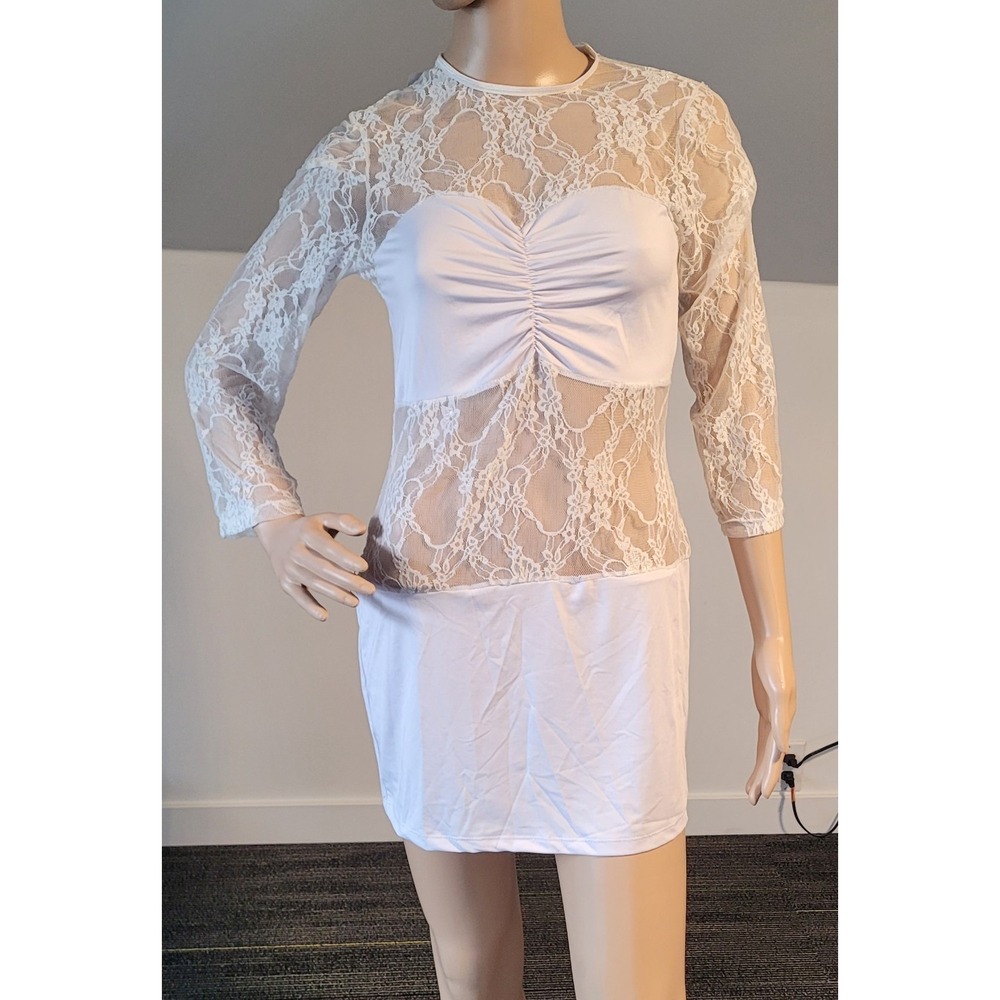 Sexy Women White Medium Lace Polyester Club Stretch Party Cocktail Dress C5839